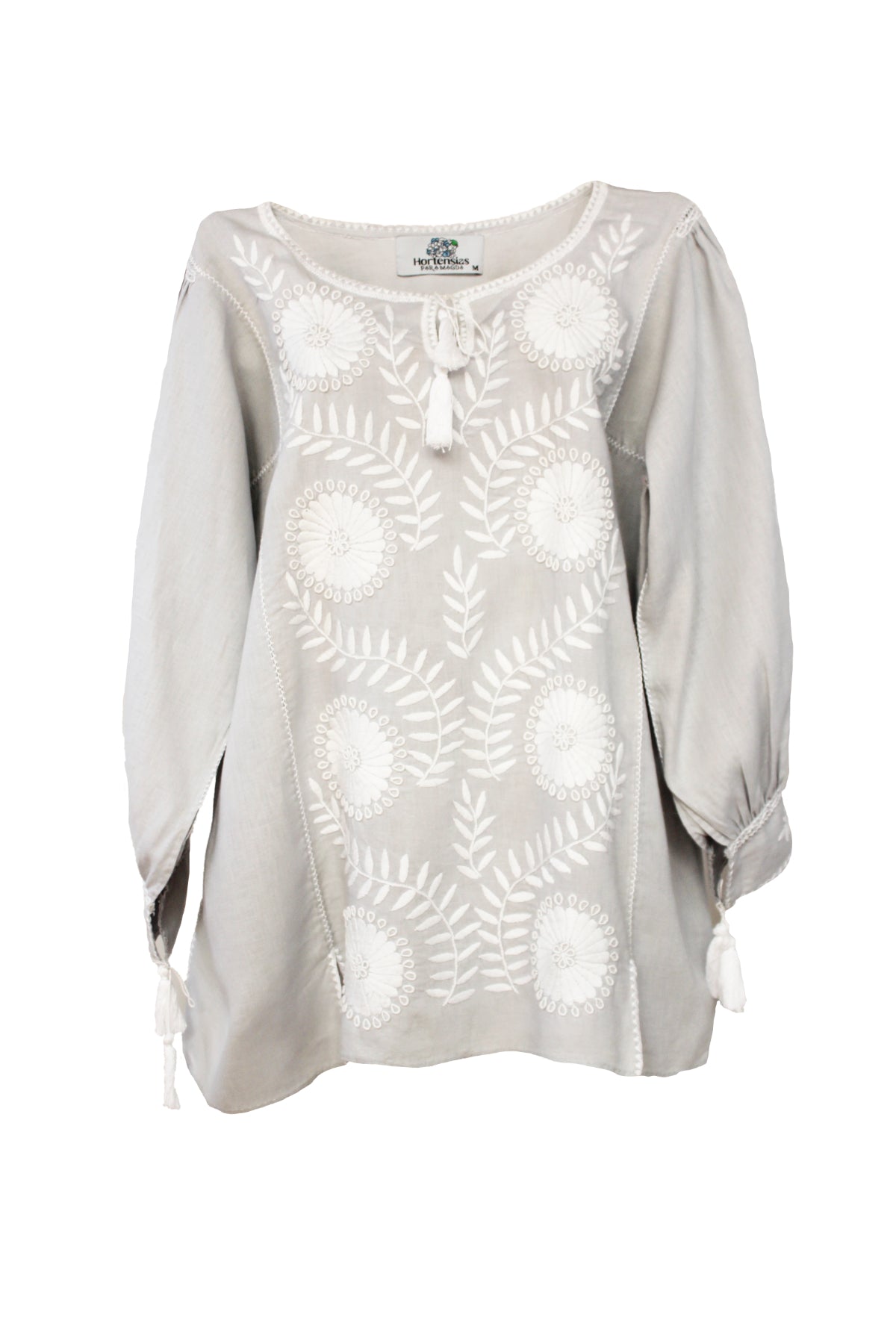 Blusa larga lino, bordado Aguacatenango. Gris claro