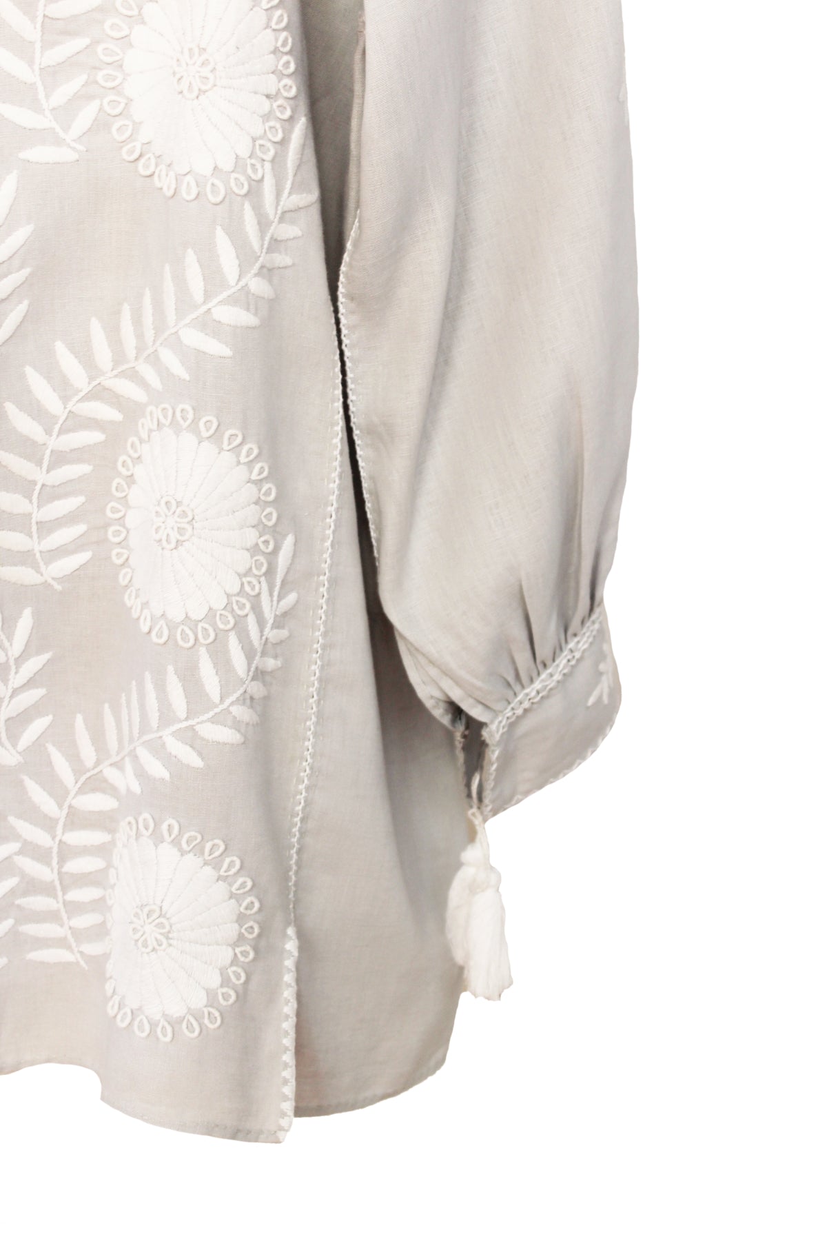 Blusa larga lino, bordado Aguacatenango. Gris claro