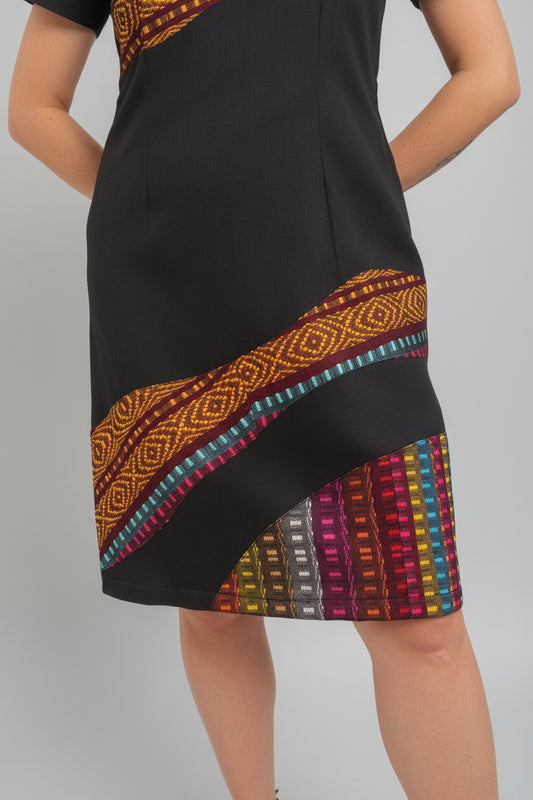 Vestido de lino con aplicaciones de telar multicolor Comitán