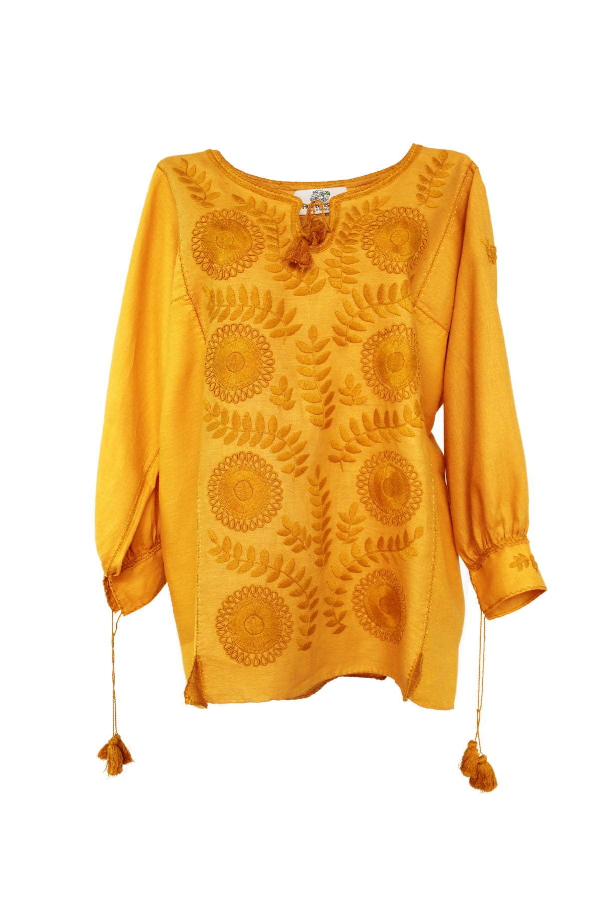 Blusa larga lino, bordado Aguacatenango. Mostaza
