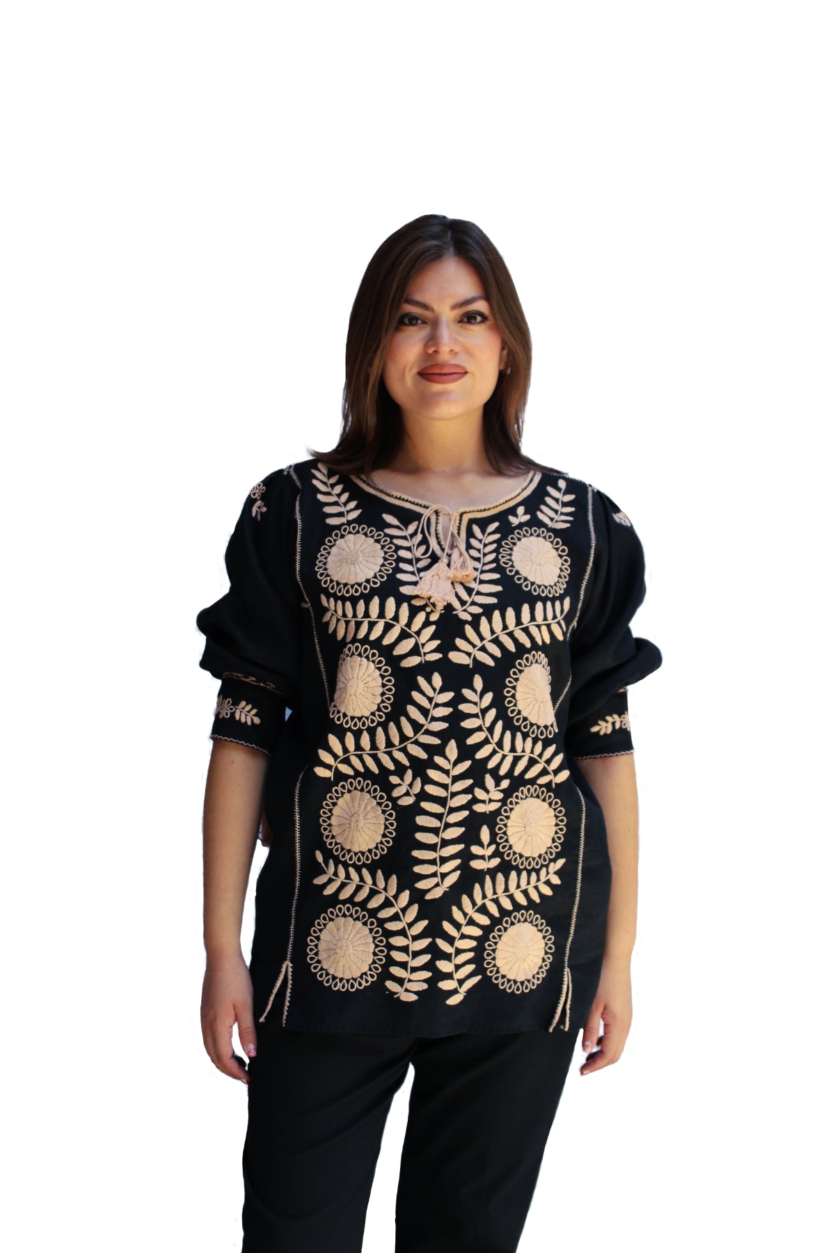 Blusa larga lino, bordado Aguacatenango. Negro