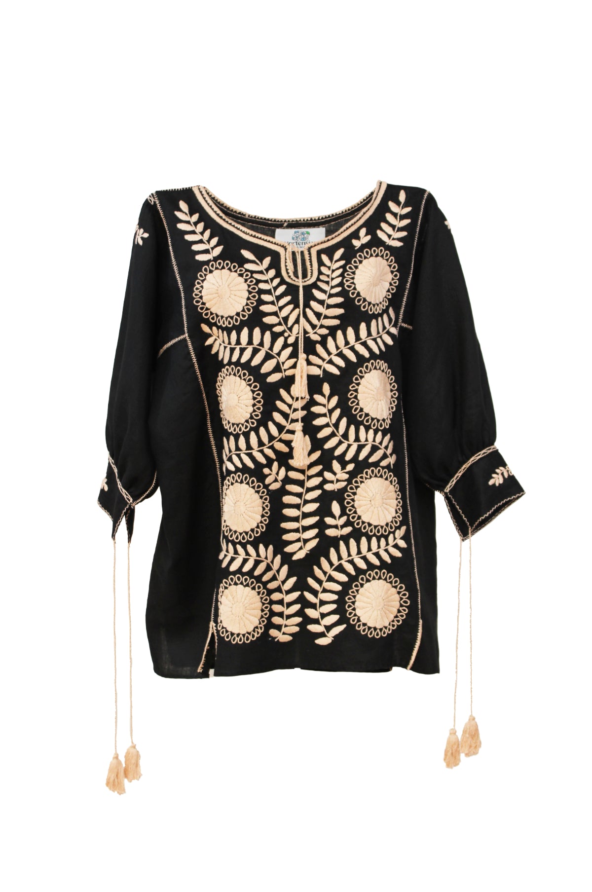 Blusa larga lino, bordado Aguacatenango. Negro