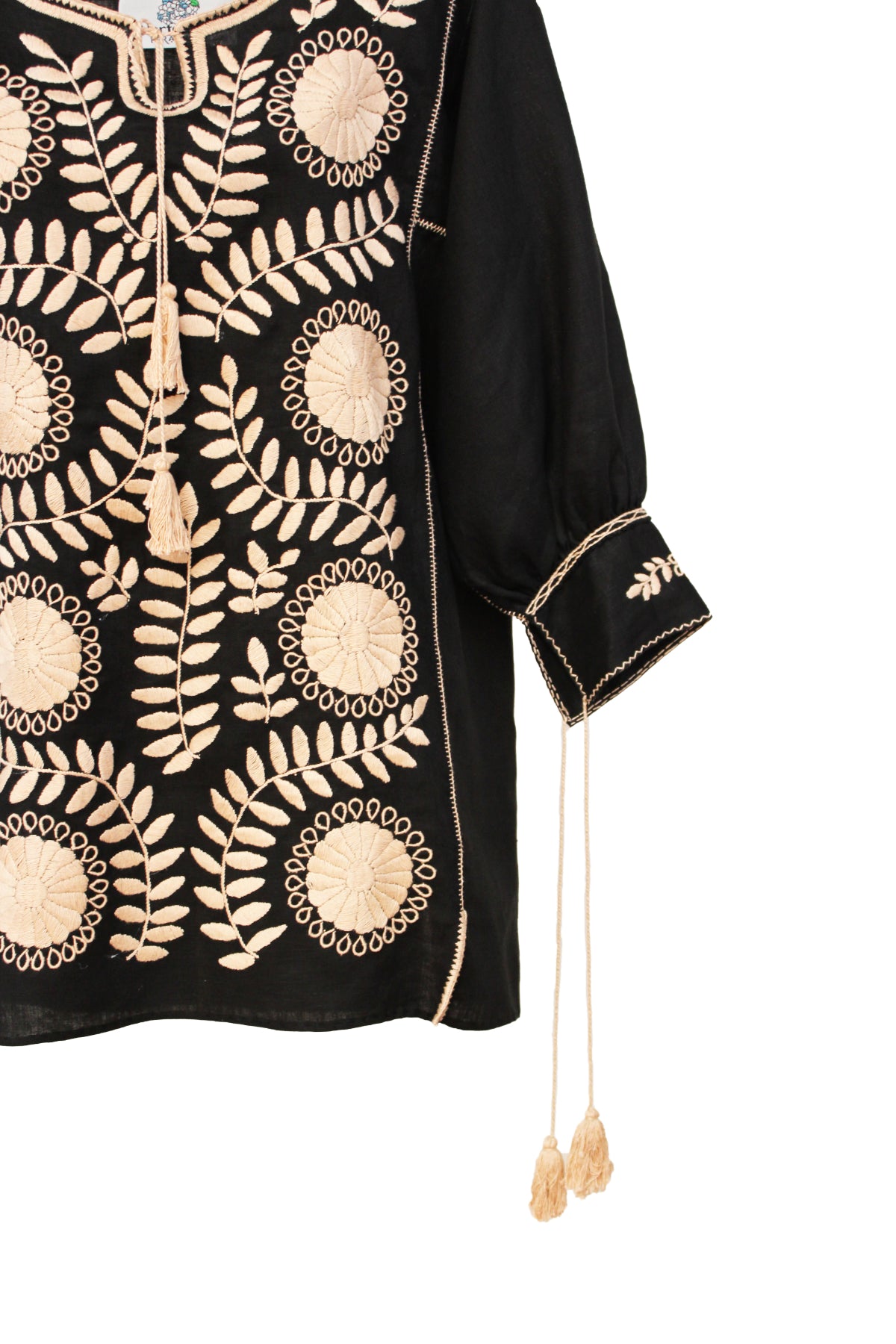 Blusa larga lino, bordado Aguacatenango. Negro