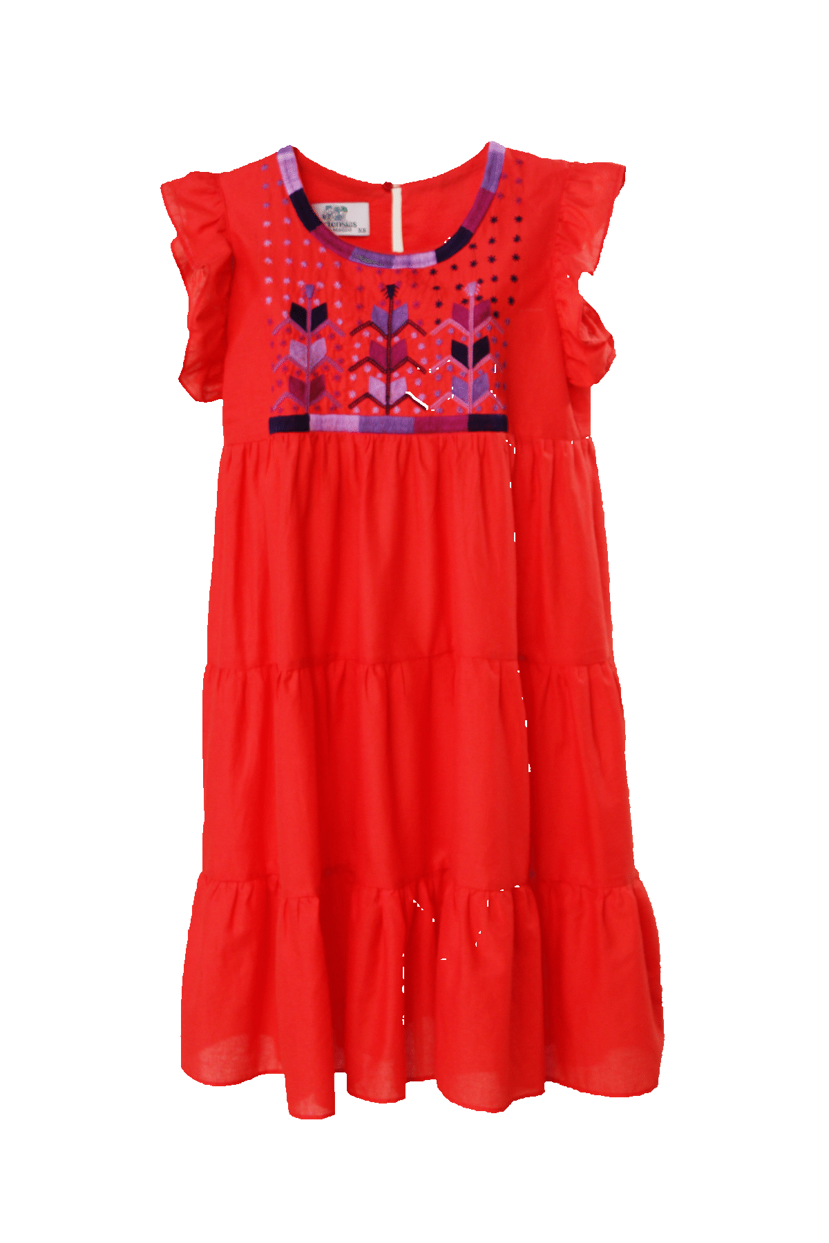 Vestido 3 holanes. Bordado milpa. Rojo