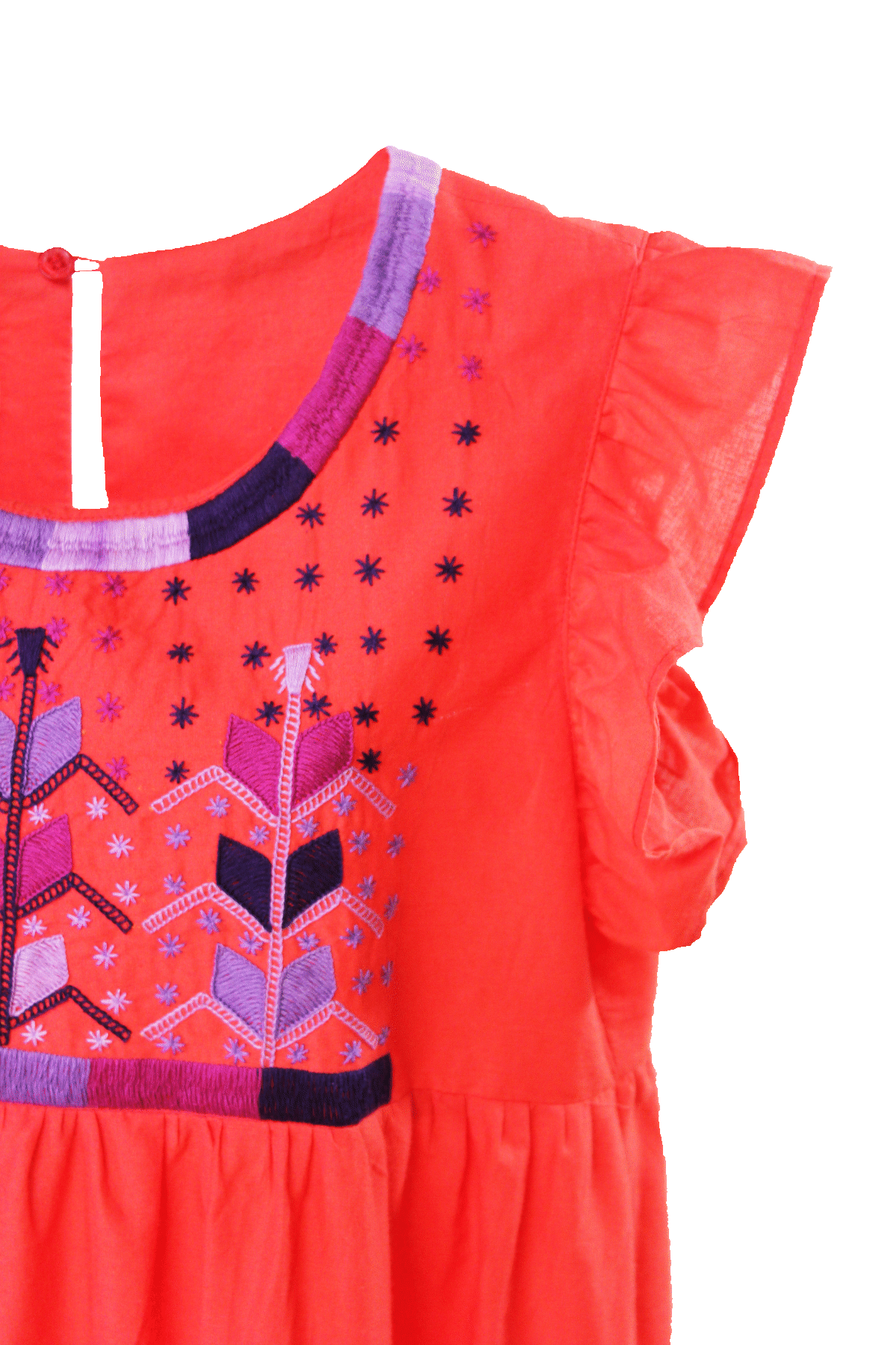 Vestido 3 holanes. Bordado milpa. Rojo