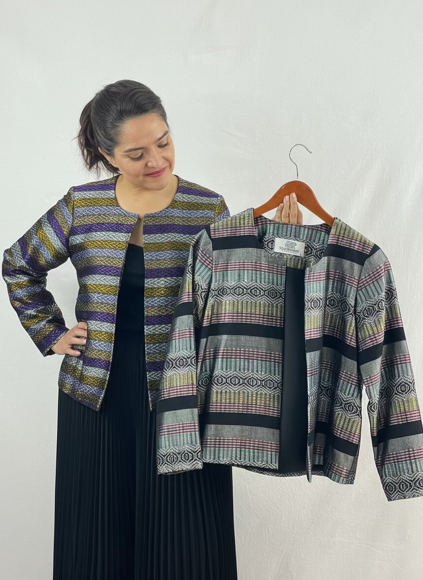 Saco Chiapas tela artesanal sedalina patron morado amarillo