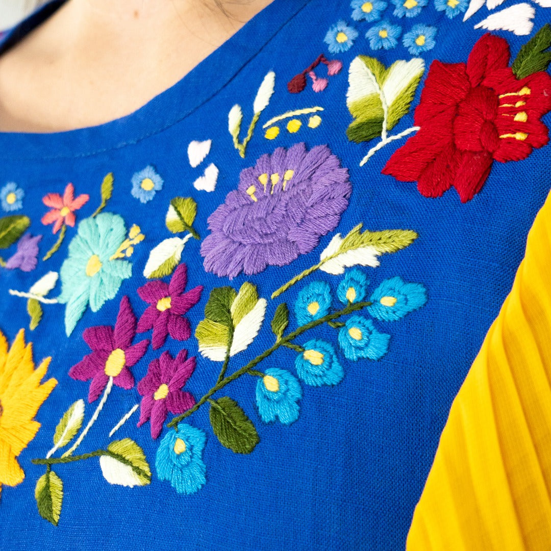Vestido Lino Manga Plisada Bordado Cuernavaca