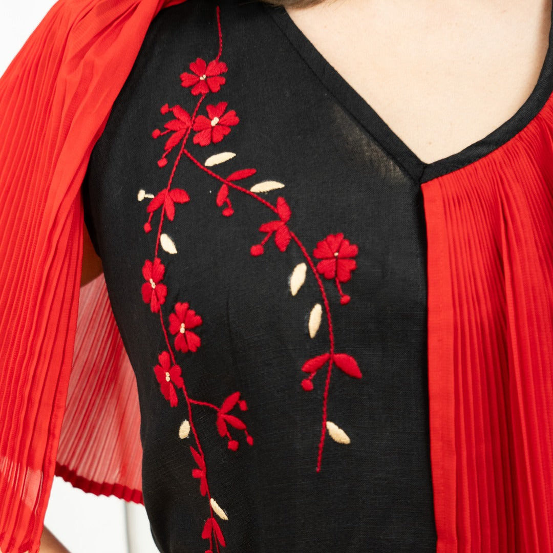 Vestido Lino Vuelo Plisado Bordado Durazno