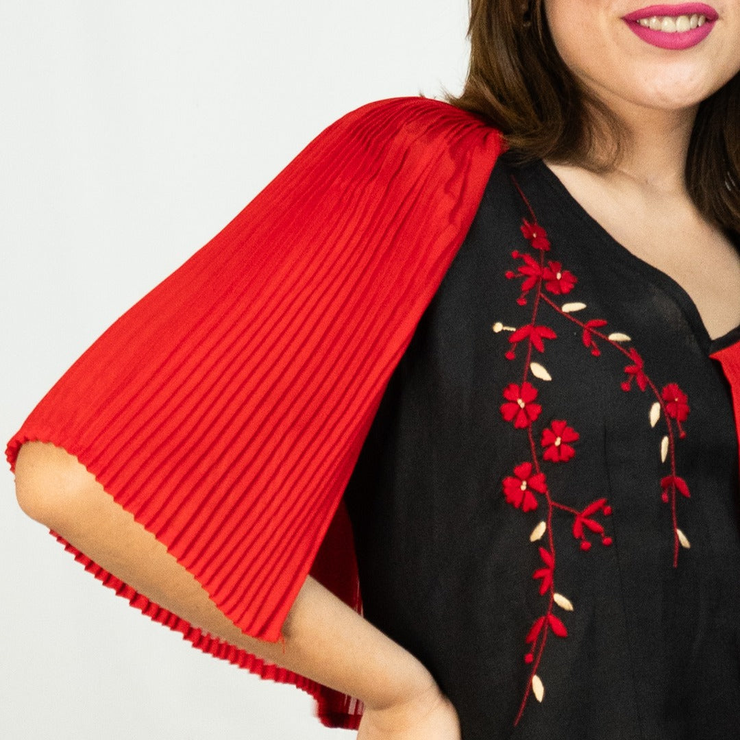 Vestido Lino Vuelo Plisado Bordado Durazno