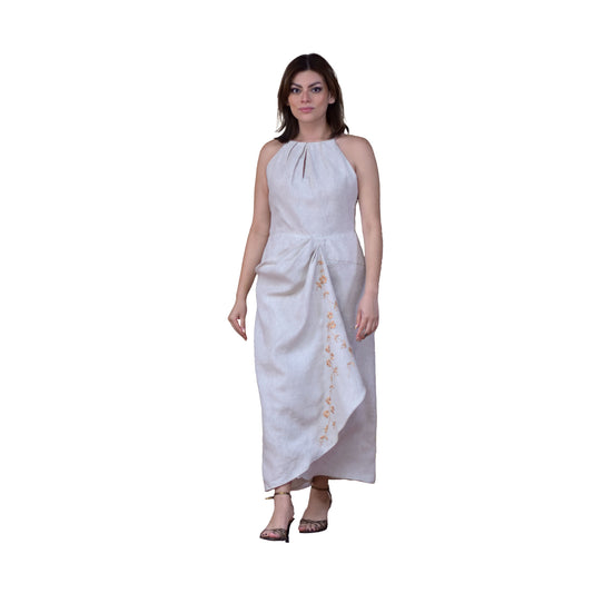 Vestido Lino Beige Sin Manga Bordado Durazno