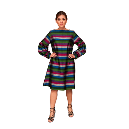 Vestido Brocado Rayado Plata