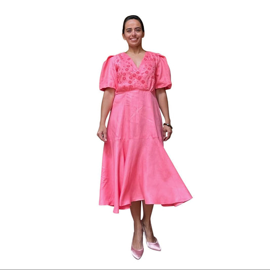 Vestido Lino Bordado Rococó Aguacatenango Manga Globo.