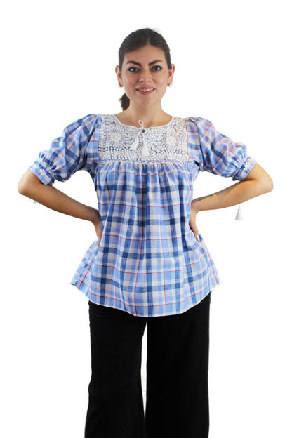 Blusa Aguacatenango Bolitas azul cuadros