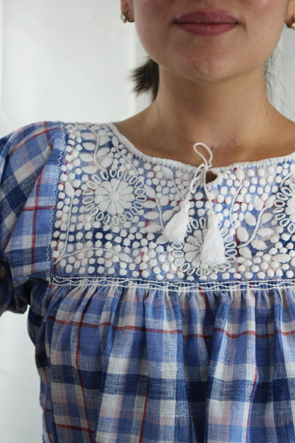 Blusa Aguacatenango Bolitas azul cuadros