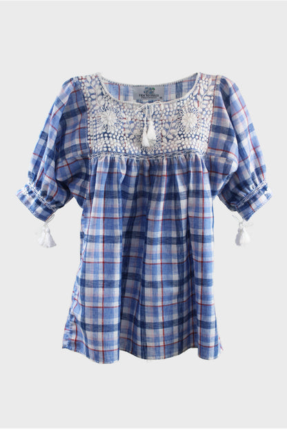 Blusa Aguacatenango Bolitas azul cuadros