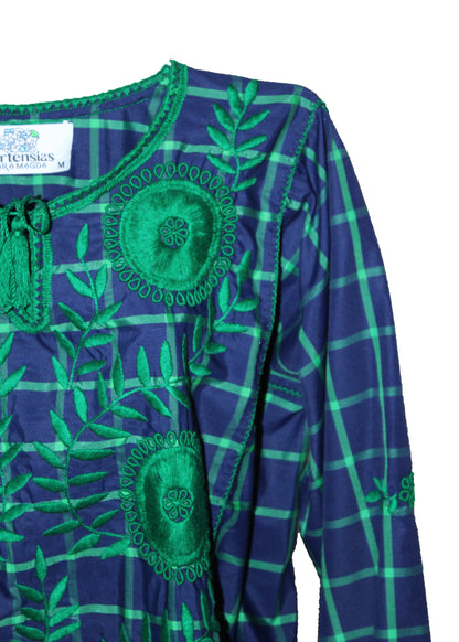 Blusa larga estampada, bordado Aguacatenango. Azul