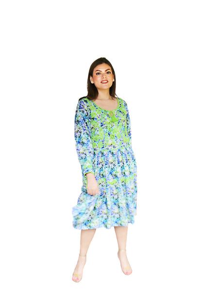 Vestido tradicional Aguacatenango floreado azul/verde