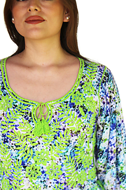 Vestido tradicional Aguacatenango floreado azul/verde