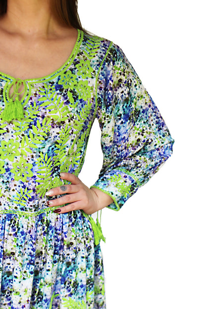 Vestido tradicional Aguacatenango floreado azul/verde