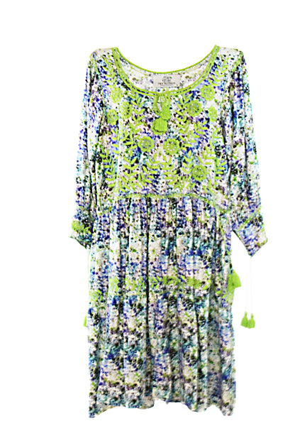 Vestido tradicional Aguacatenango floreado azul/verde