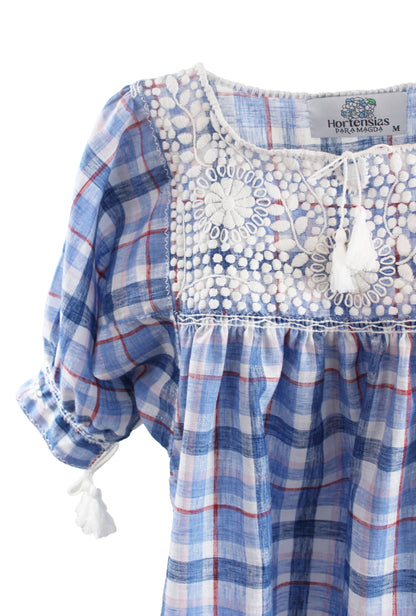 Blusa Aguacatenango Bolitas azul cuadros