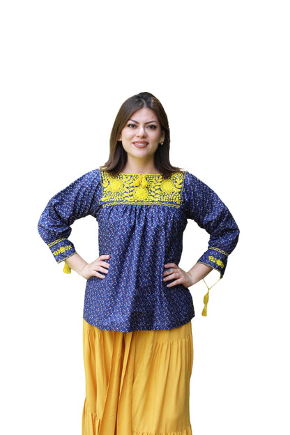 Blusa Aguacatenango Bolitas. Azul Flores