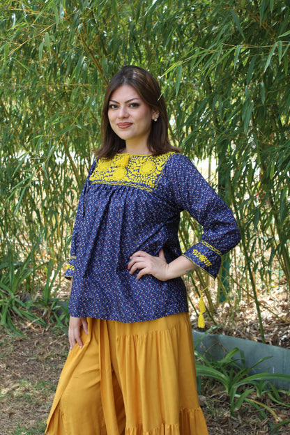 Blusa Aguacatenango Bolitas. Azul Flores