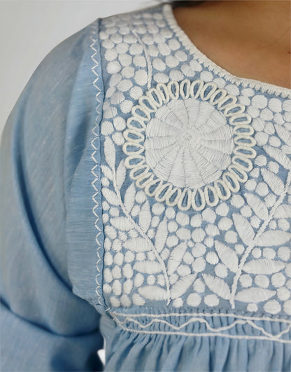 Blusa Aguacatenango Bolitas Algodón Celeste bordado blanco, detalle del bordado en el pecho.