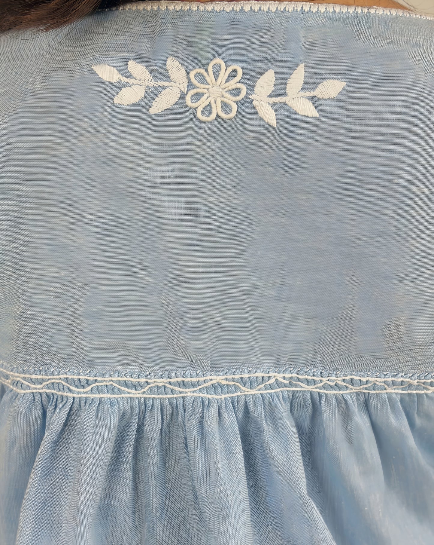 Blusa Aguacatenango Bolitas Algodón Celeste bordado blanco, detalle del bordado en la espalda.