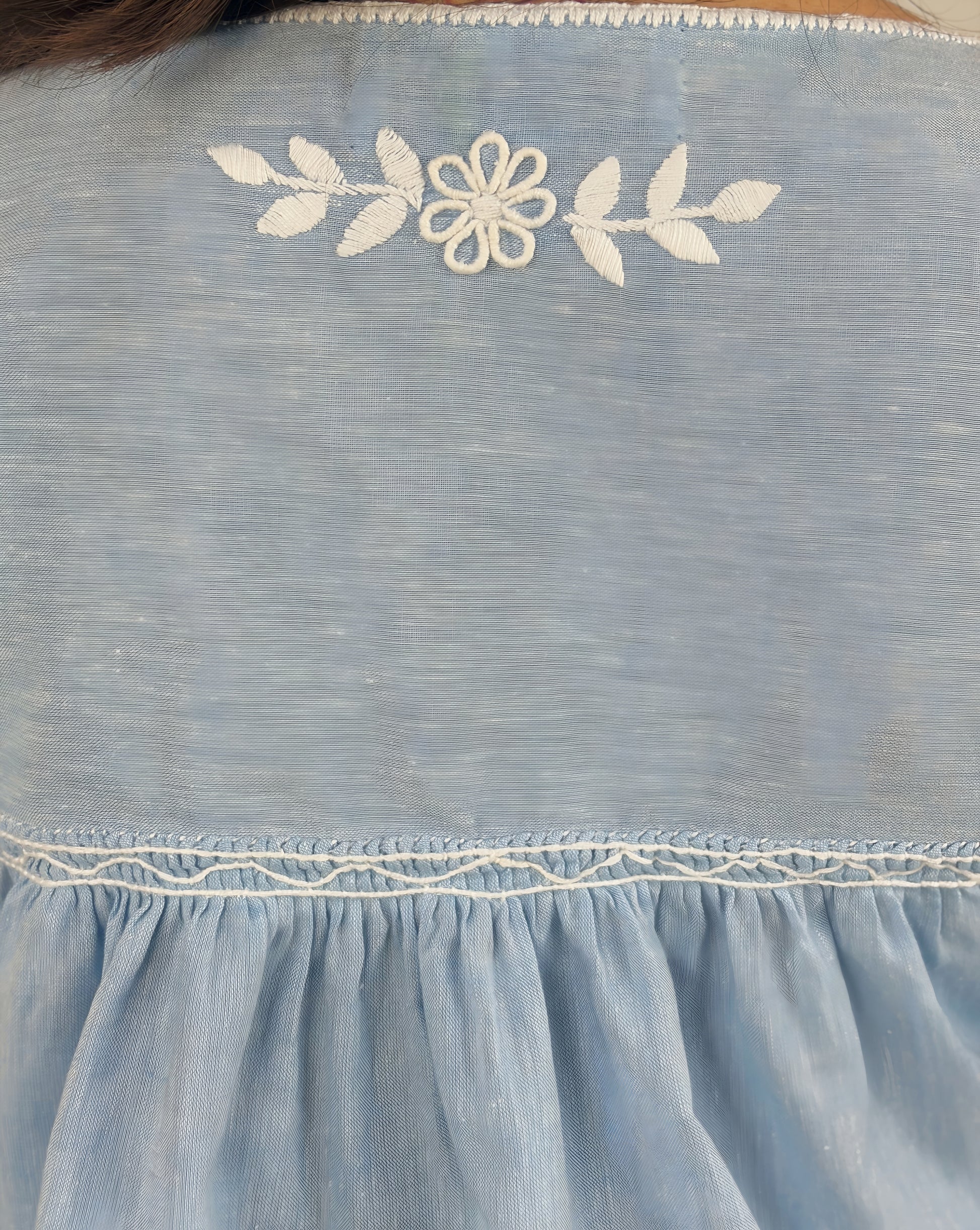 Blusa Aguacatenango Bolitas Algodón Celeste bordado blanco, detalle del bordado en la espalda.