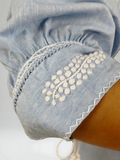 Blusa Aguacatenango Bolitas Algodón Celeste bordado blanco, detalle de la manga.