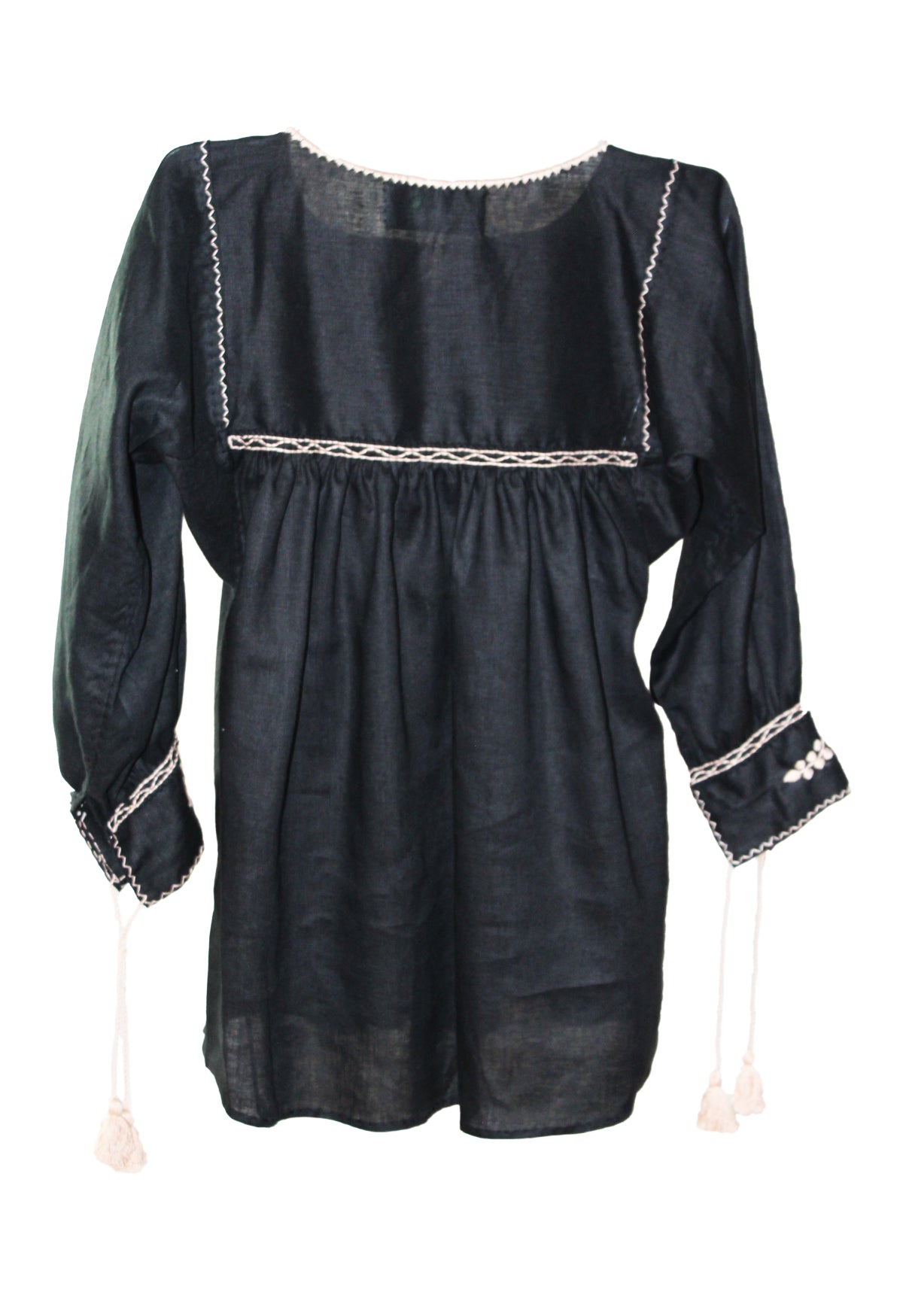 Blusa Aguacatenango de lino Bordado Bolitas color negro, bordado beige, vista posterior.