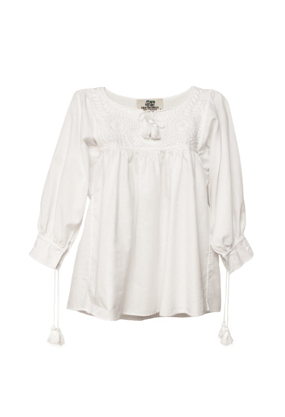 Blusa Aguacatenango de lino Bordado Bolitas color blanco, vista frontal, bordado blanco.