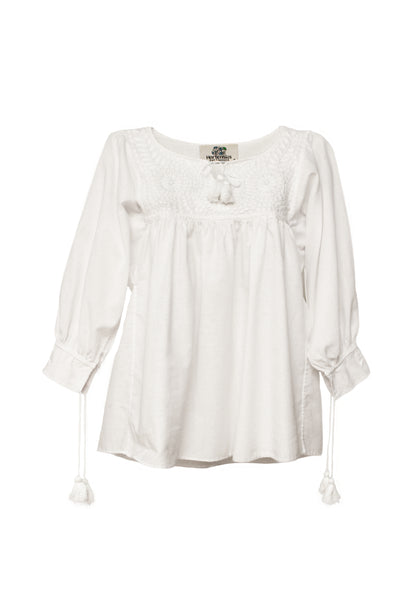 Blusa Aguacatenango de lino Bordado Bolitas color blanco, vista frontal, bordado blanco.