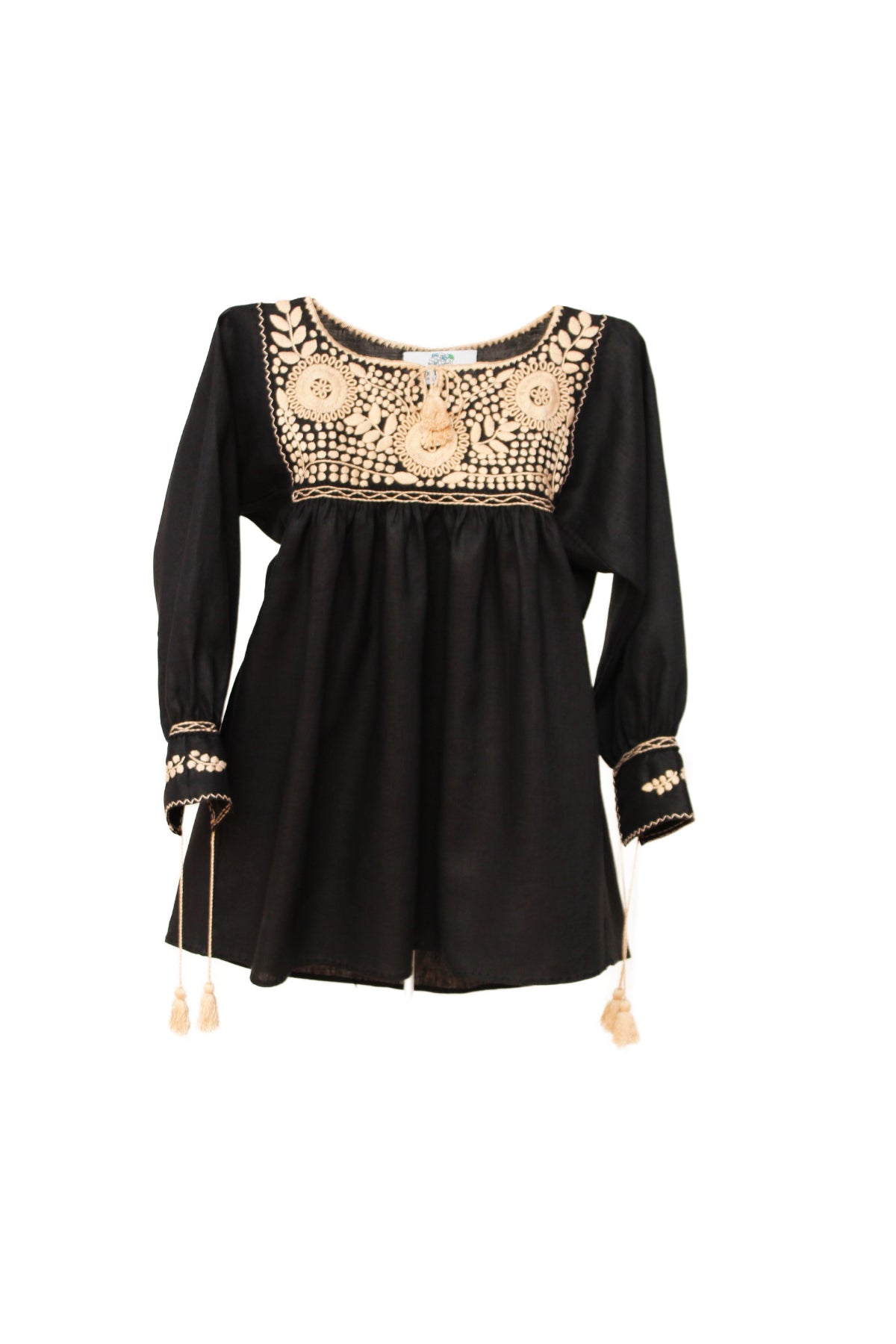 Blusa Aguacatenango de lino Bordado Bolitas color negro, bordado beige.