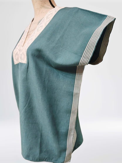 Blusa Huipil telar Larrainzar color azul azufre, vista lateral.