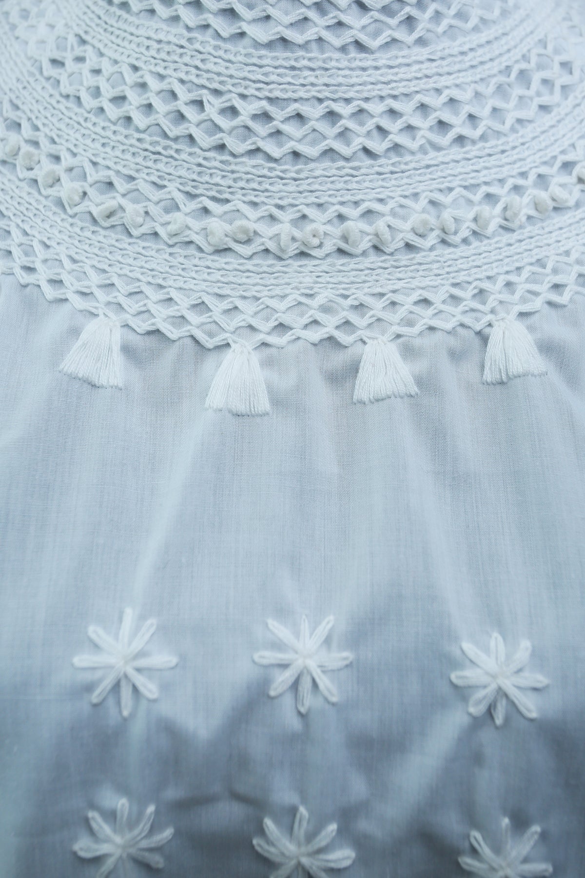 Blusa bordado Chamula con 5 botones de ámbar en color blanco, acercamiento al bordado.