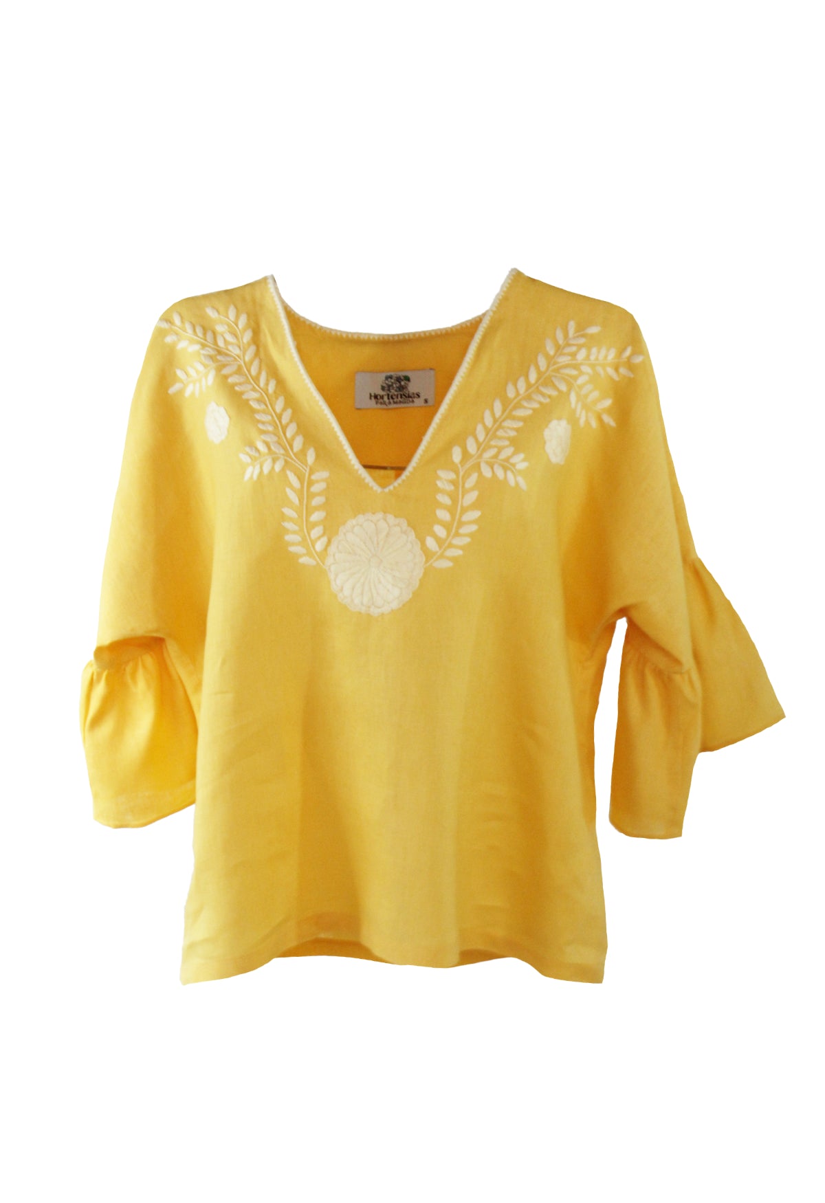 Blusa de lino bordado Aguacatenango. Manga campana en color amarillo.