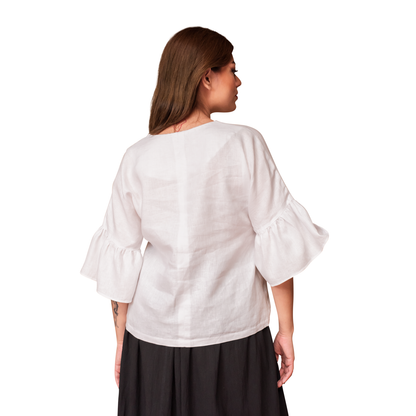 Blusa de lino bordado Aguacatenango. Manga campana en color blanco, vista posterior.