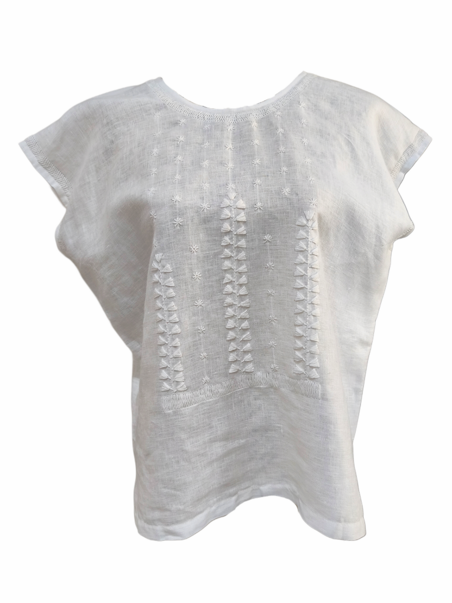 Blusa de lino, bordado estrellitas, color blanco, vista frontal.