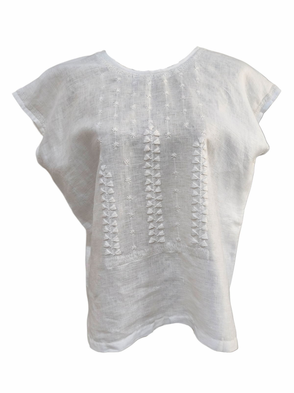 Blusa de lino, bordado estrellitas, color blanco, vista frontal.