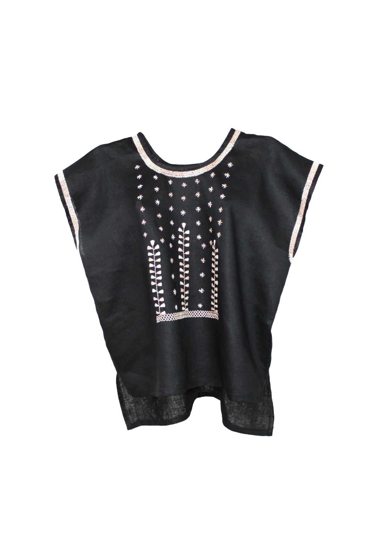 Blusa de lino, bordado estrellitas color negro, vista frontal. 