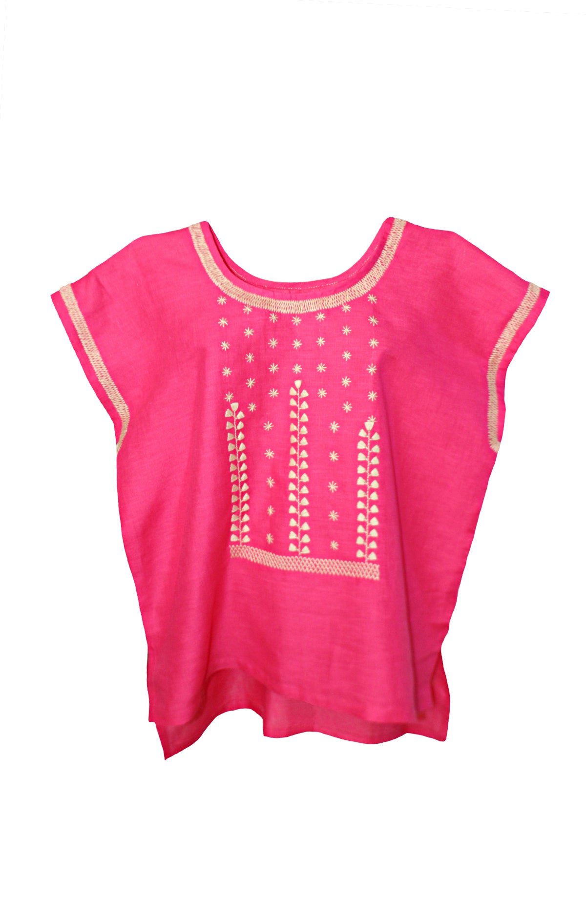 Blusa de lino, bordado estrellitas color fucsia, vista frontal. 