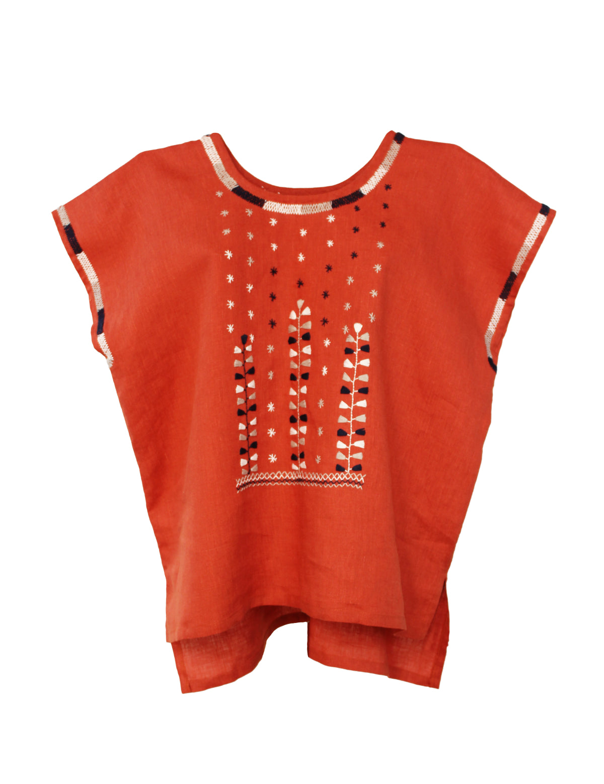 Blusa de lino, bordado estrellitas color shedrón, vista frontal. 