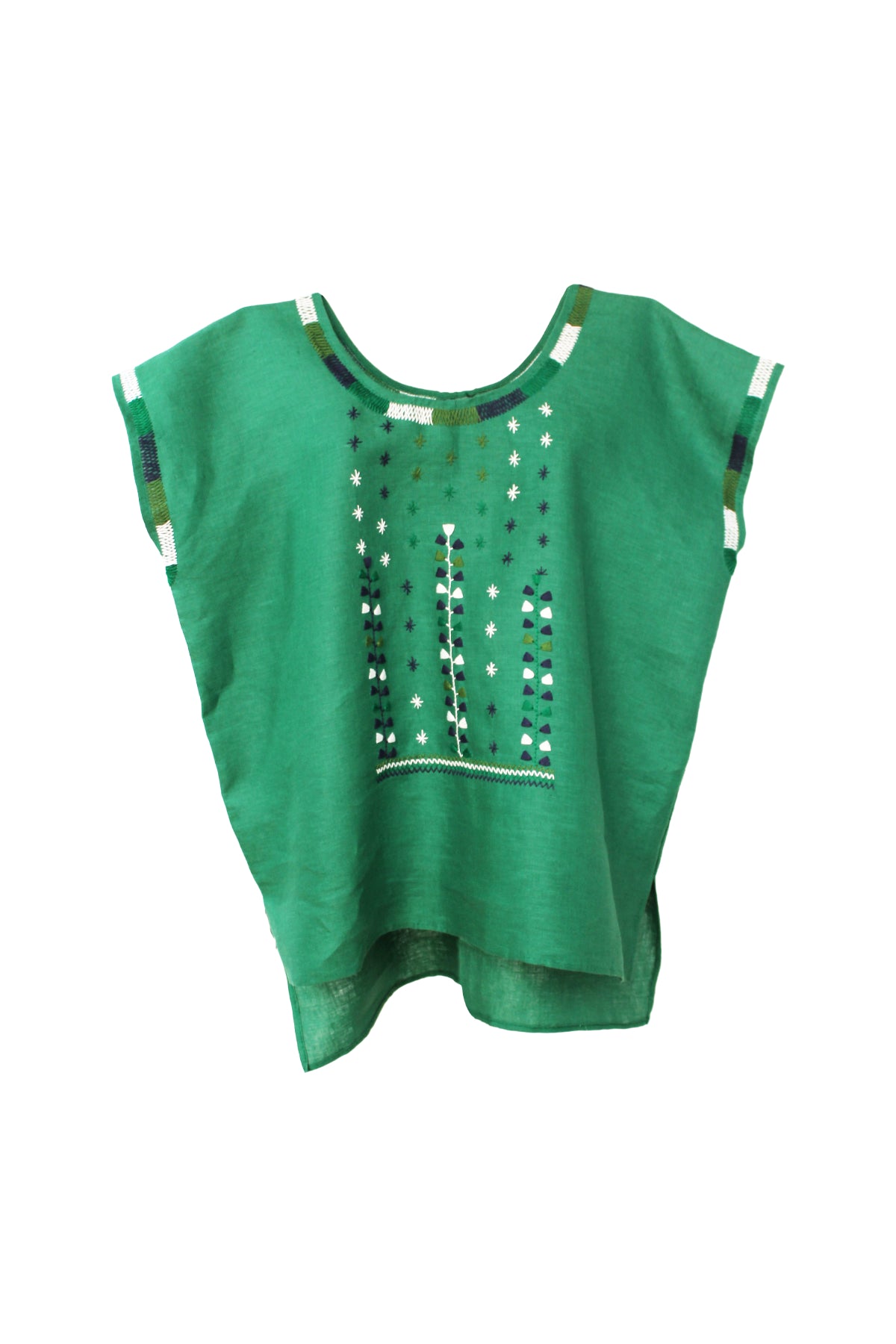 Blusa de lino, bordado estrellitas color verde, vista frontal. 