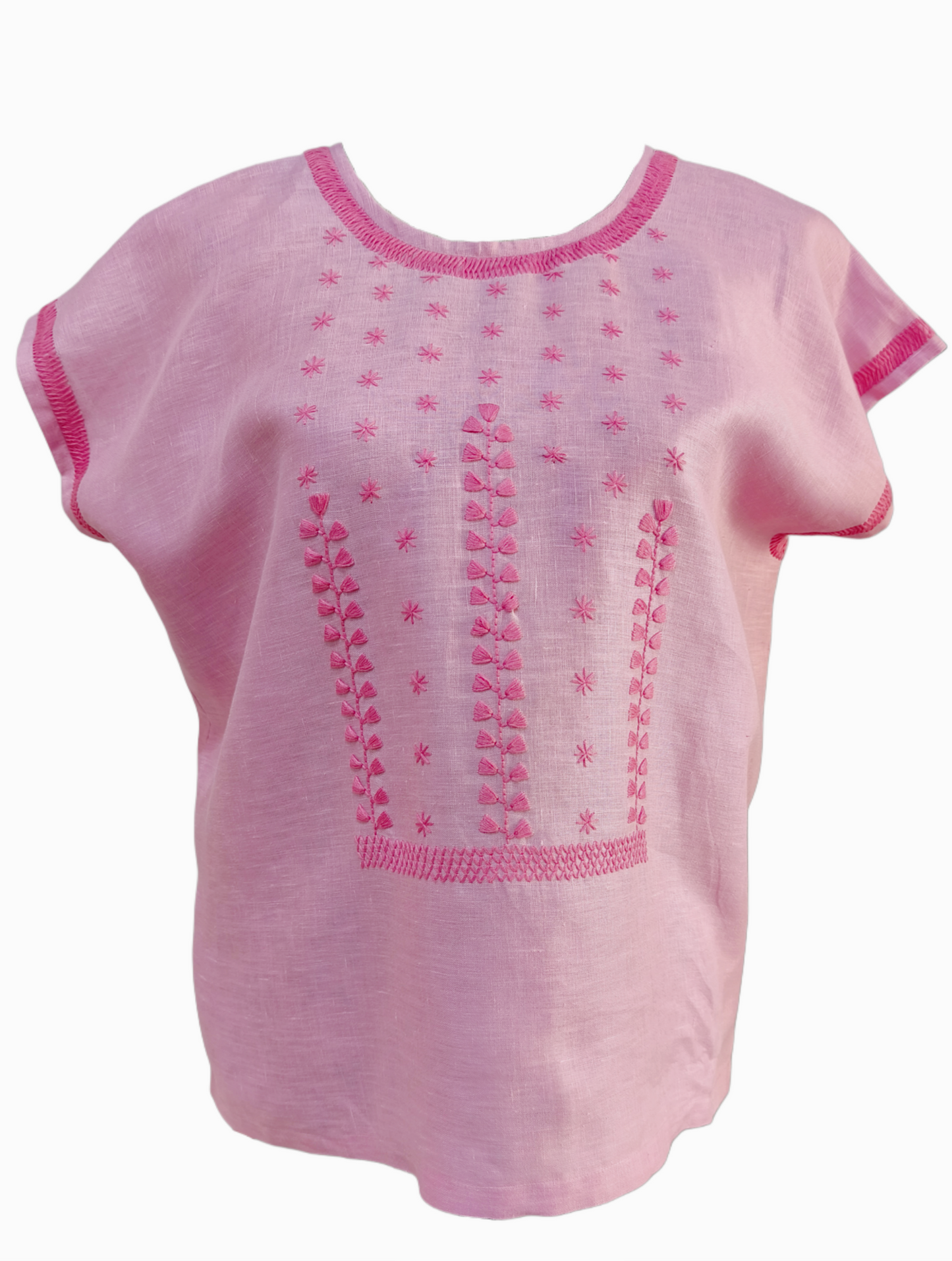 Blusa de lino, bordado estrellitas color rosa, vista frontal.