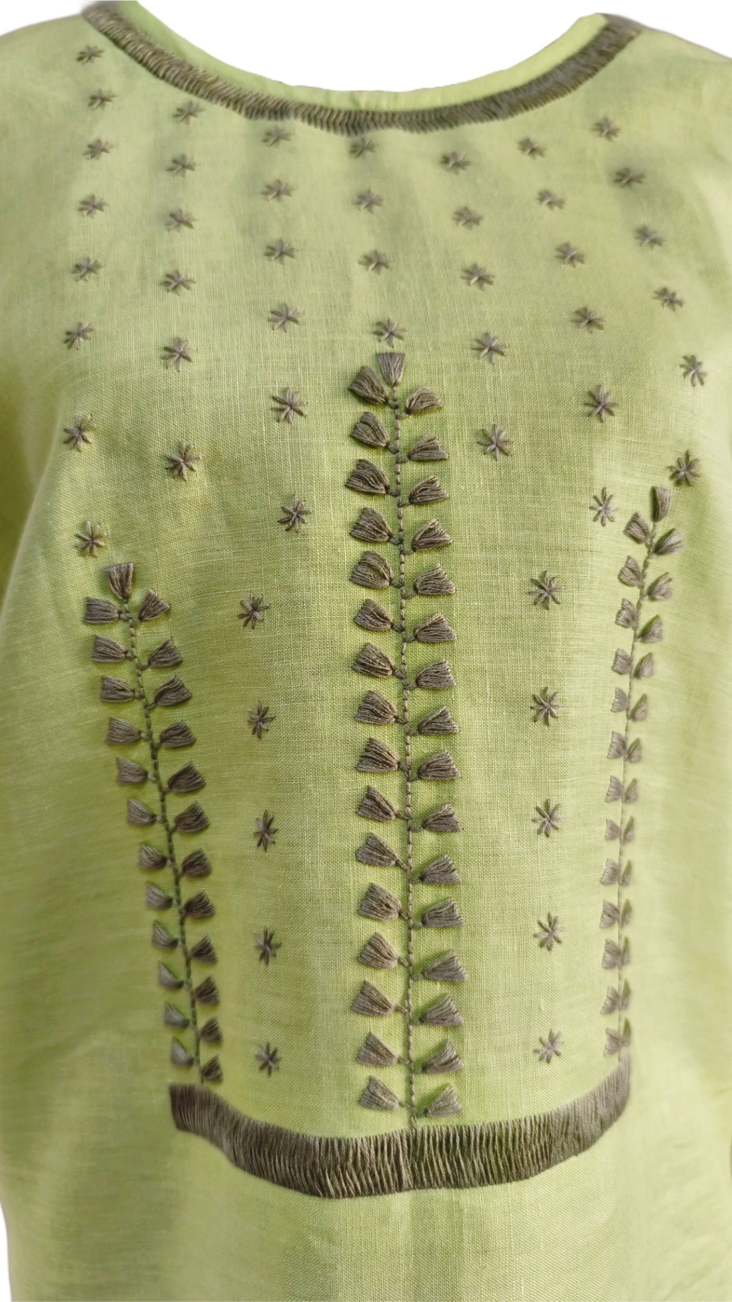 Blusa de lino, bordado estrellitas, color verde manzana, detalle del bordado.