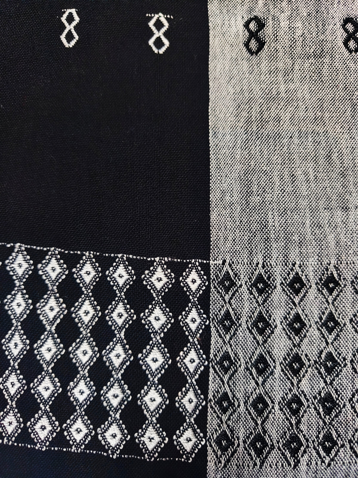 Blusa en telar de cintura Carranza blanco y negro, detalle del brocado y telar.
