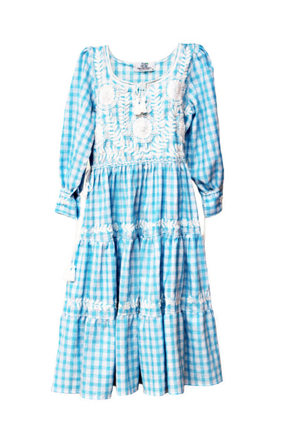 Vestido tradicional Aguacatenango. Cuadros Celeste