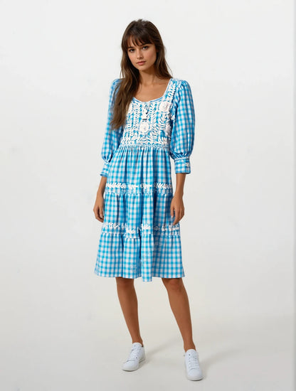 Vestido tradicional Aguacatenango. Cuadros Celeste